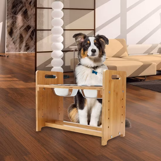 Heißer Verkauf, erhöhter Futterspender für Hunde und Katzen aus Kiefernholz/Bambus mit zwei Edelstahlnäpfen