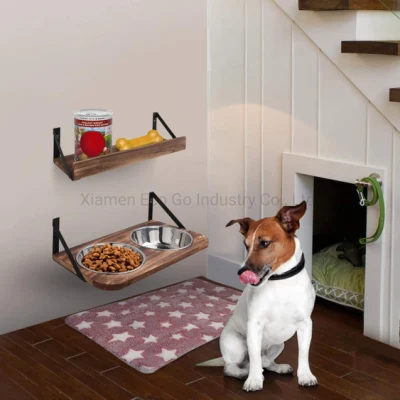 Hundenäpfe, an der Wand montierter, erhöhter Futternapf für Haustiere mit 2 Hunde- oder Katzennäpfen aus Edelstahl, rustikale Holz-Erhöhungsnäpfe