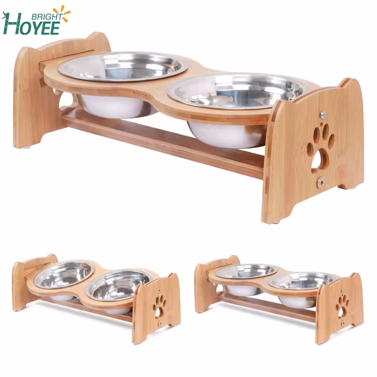 Neuer, einzigartiger Hundefutterspender aus Holz mit 2 Näpfen für Haustiere W06f060